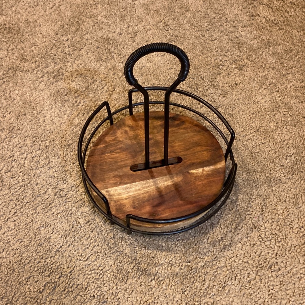 Wood and Black Metal Round Serving Caddy
